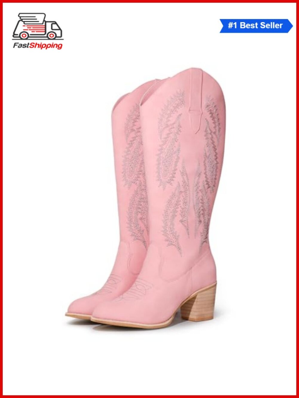✨ Women's Embroidered Western Cowboy Boots Chunky Block Heel Side Zipper Mid